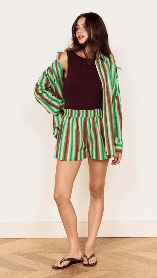 Image of a model wearing Shorts. Product name - Green Stripe Cotton Relaxed Short in Stripe colour by brand - MINKPINK