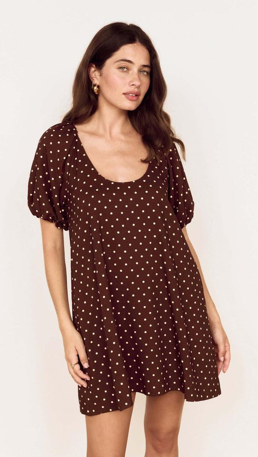 Image of Dresses. Product name - Brown Linen Blend Polka Dot Puff Sleeve Mini Dress in Chocolate Polka Dot colour by brand - MINKPINK