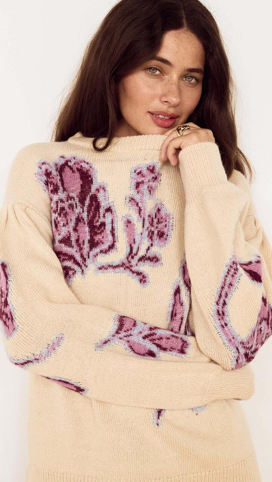 Image of a model wearing Outerwear. Product name - Cream Floral Intarsia Knit Sweater in Cream Floral colour by brand - MINKPINK