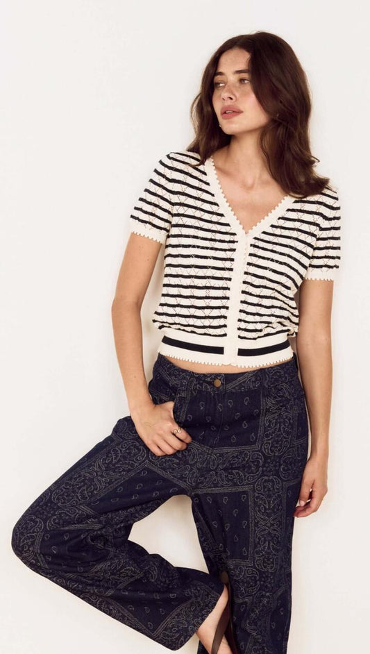 Image of a model wearing Tops. Product name - Cream Stripe Cotton Pointelle Knit Top in Teal/Ivory Stripe colour by brand - MINKPINK