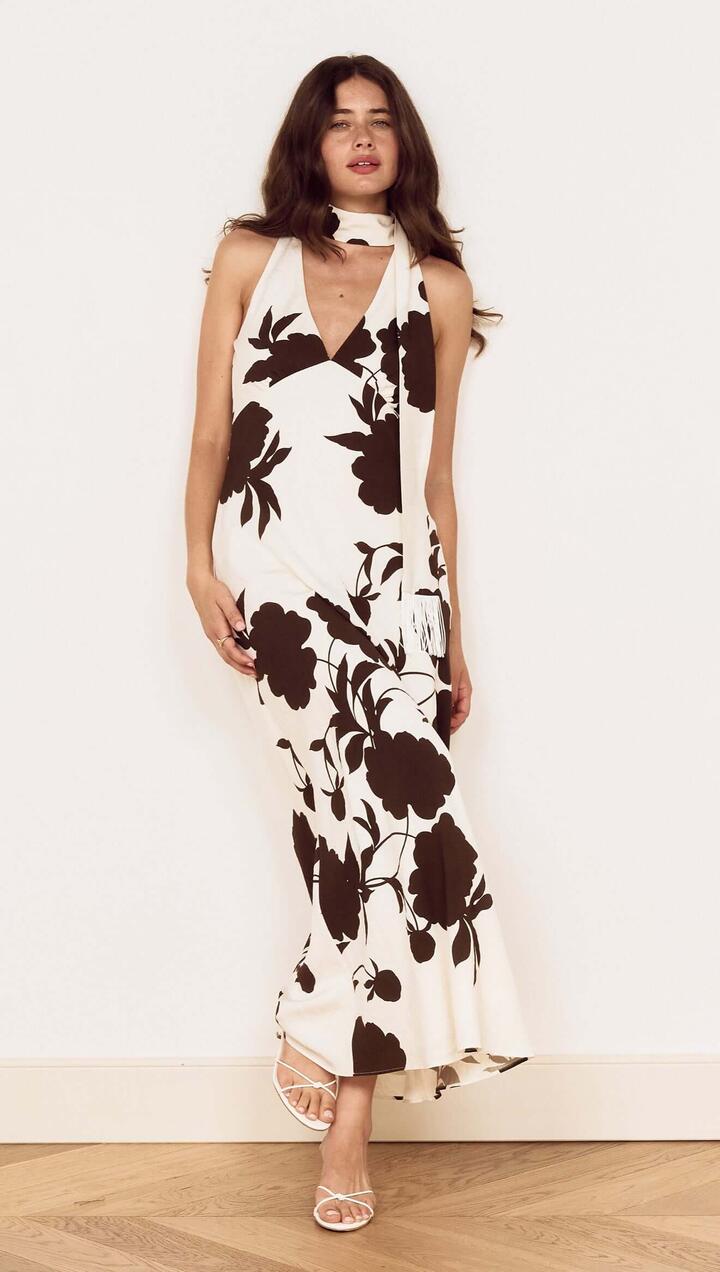 Image of Dresses. Product name - Brown and Cream Floral Halter Neck Maxi Dress in Chocolate Floral colour by brand - MINKPINK