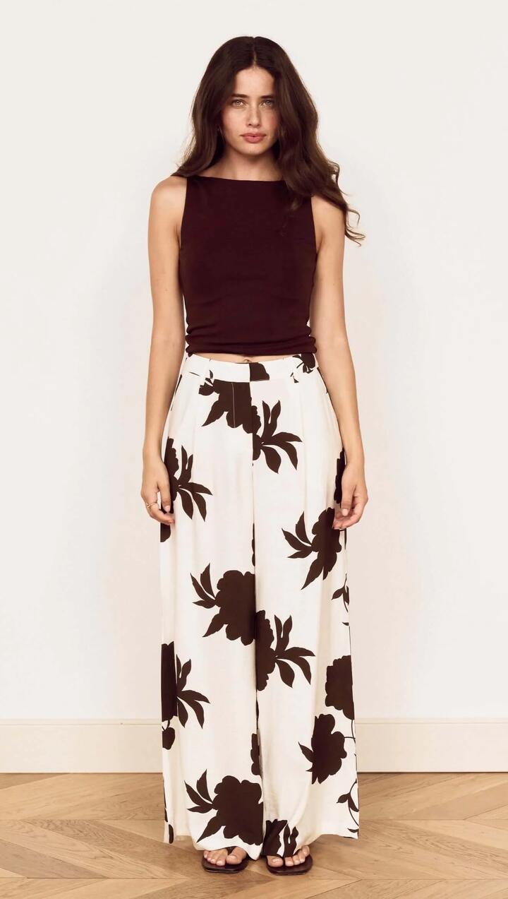 Image of a model wearing Pants. Product name - Brown and Cream Floral Wide Leg Pant in Chocolate Floral colour by brand - MINKPINK