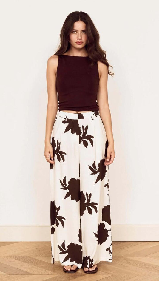 Image of a model wearing Pants. Product name - Brown and Cream Floral Wide Leg Pant in Chocolate Floral colour by brand - MINKPINK