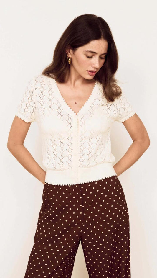 Image of a model wearing Tops. Product name - White Cotton Pointelle Knit Top in Ivory colour by brand - MINKPINK