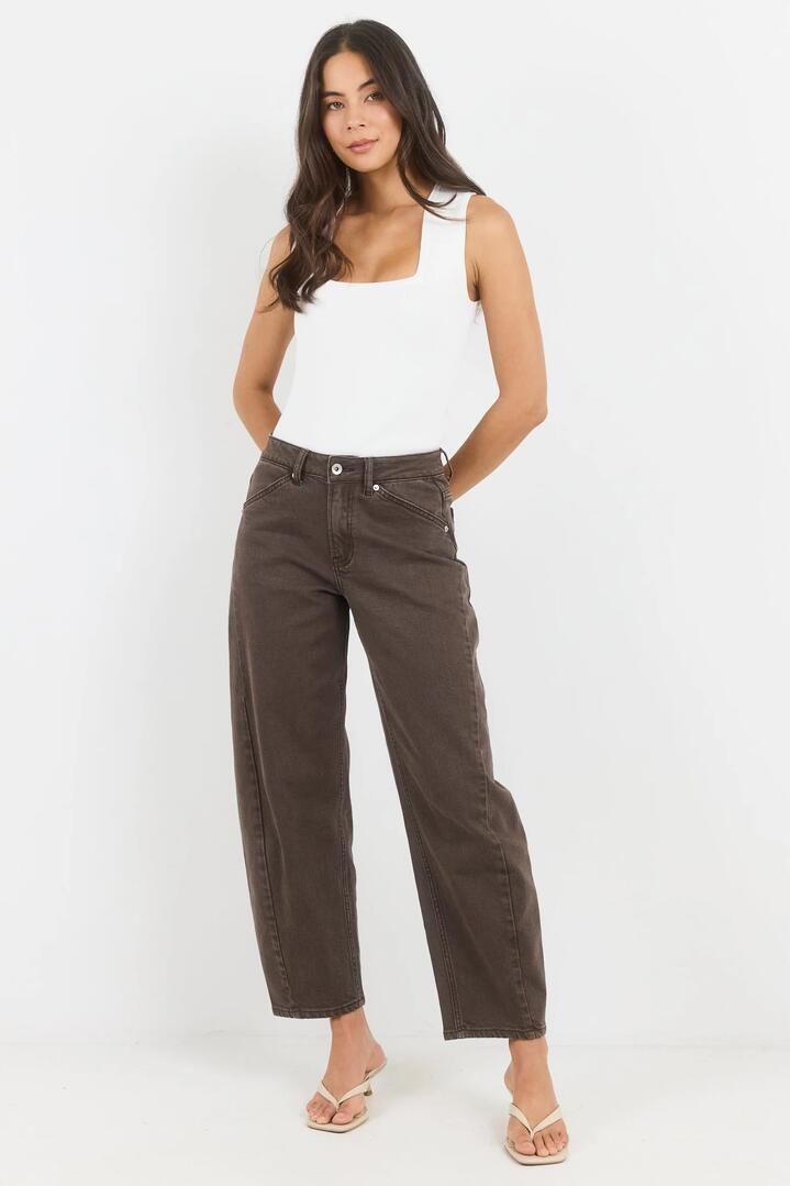 Image of Jeans. Product name - Idolise Mocha Stretch Soft Barrel Jeans in Mocha colour by brand - Stories be Told