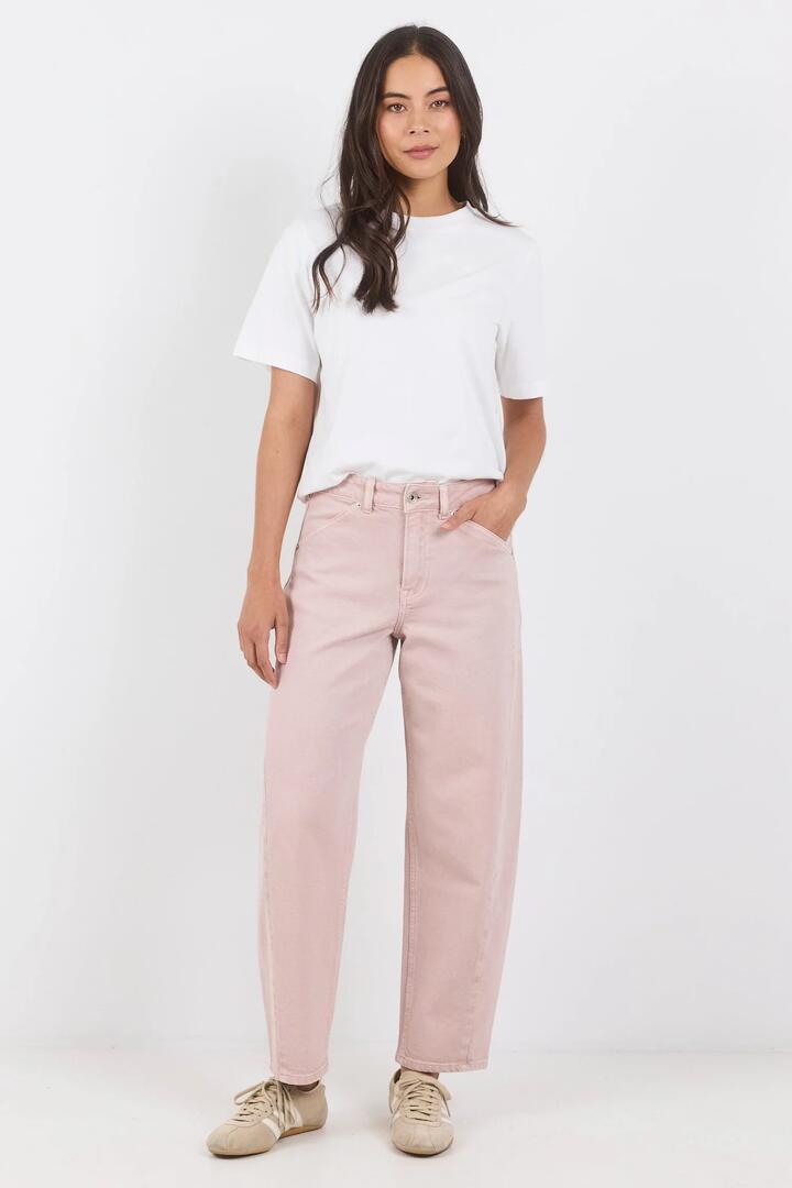 Image of Jeans. Product name - Idolise Pale Pink Stretch Soft Barrel Jeans in Pale Pink colour by brand - Stories be Told