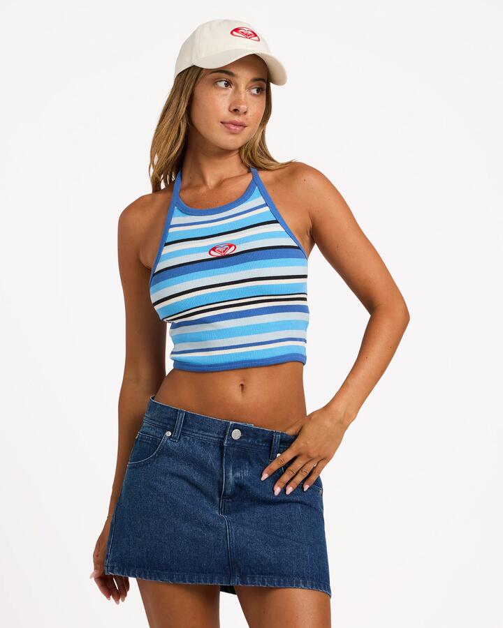 Image of a model wearing Tops. Product name - Roxy Womens Horizons Halter Top Nouvean Navy in Nouvean Navy colour by brand - Roxy