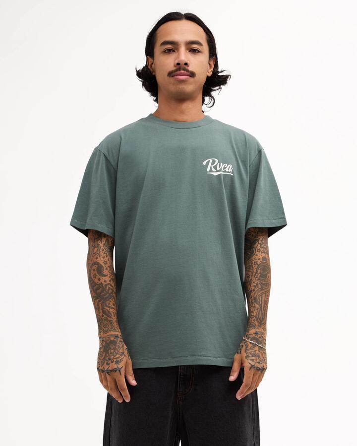 Image of T-Shirts. Product name - Rvca Mens Dugout T-Shirt Balsam Green in Balsam Green colour by brand - Rvca
