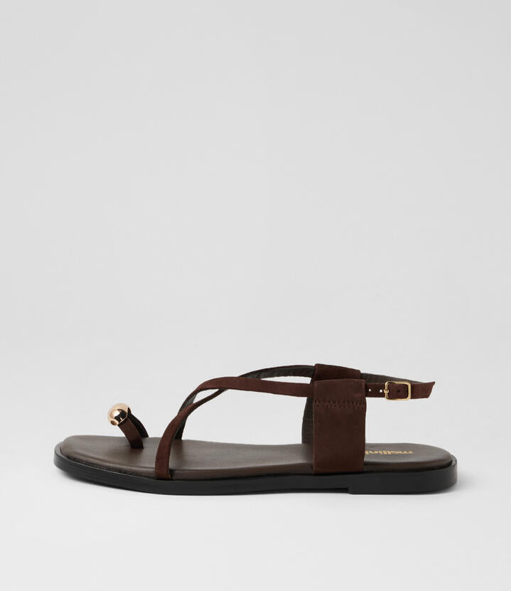 Image of Sandals. Product name - Jayna Choc Suede Thongs in Choc colour by brand - MOLLINI