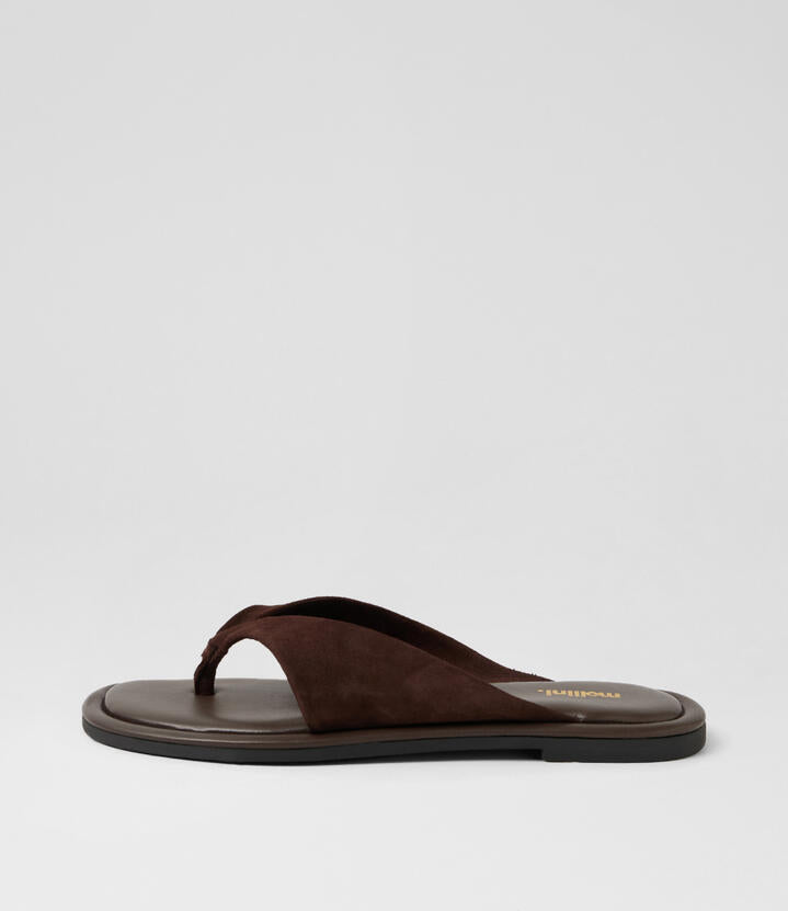 Image of Sandals. Product name - Malune Dark Choc Suede Sandals in Dk Choc colour by brand - MOLLINI