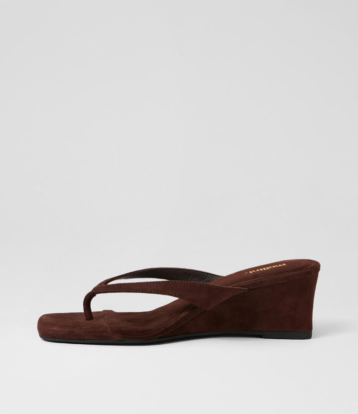 Image of Sandals. Product name - Sarel Dark Choc Suede Sandals in Dk Choc colour by brand - MOLLINI