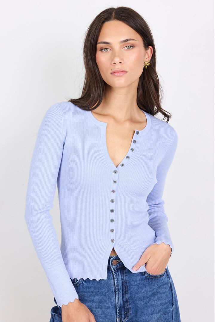 Image of a model wearing Outerwear. Product name - Ditto Ice Blue Button Front Rib Knit Long Sleeve Top in Ice Blue colour by brand - Ivy + Jack