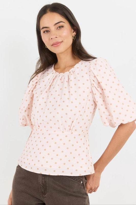 Image of a model wearing Tops. Product name - Eventual Blush Polka Dot Mid Sleeve Fit and Flare Top in Blush Polka Dot colour by brand - Stories be Told