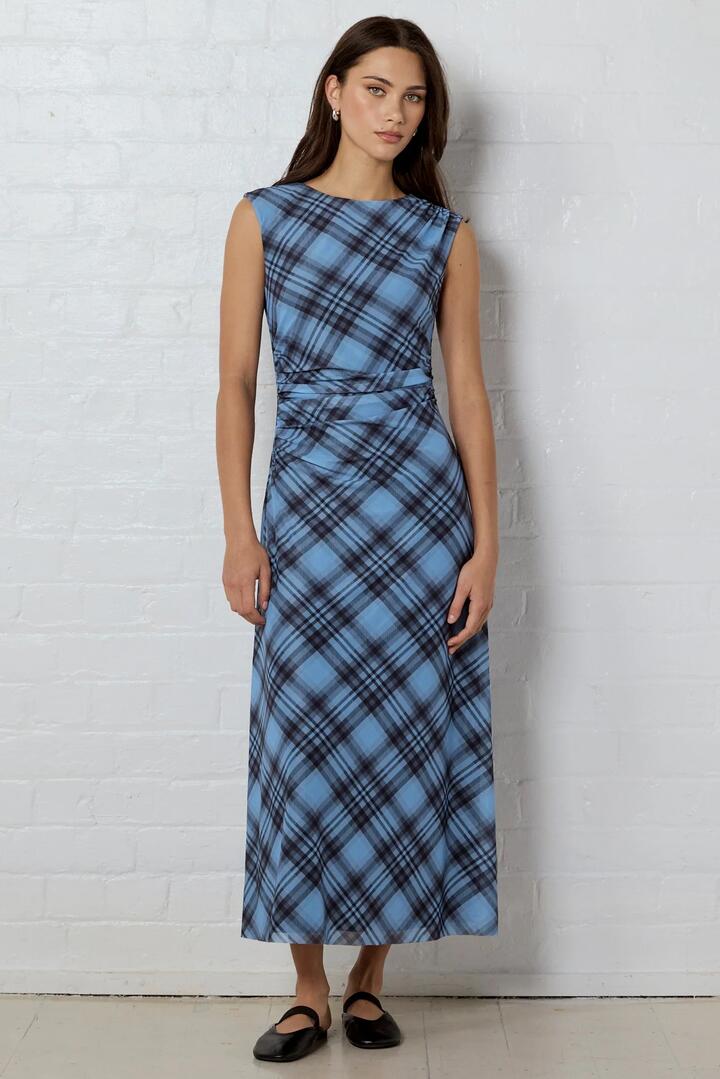 Image of Dresses. Product name - Frame Blue Check Mesh Sleeveless Maxi Dress in Blue Check colour by brand - Among the Brave