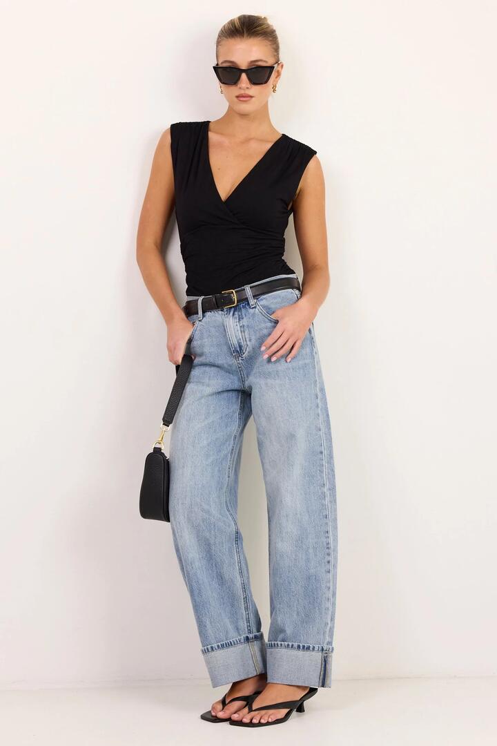 Image of Jeans. Product name - Emerge Washed Out Blue Turn Up Long Jeans in Washed Out Blue colour by brand - Among the Brave