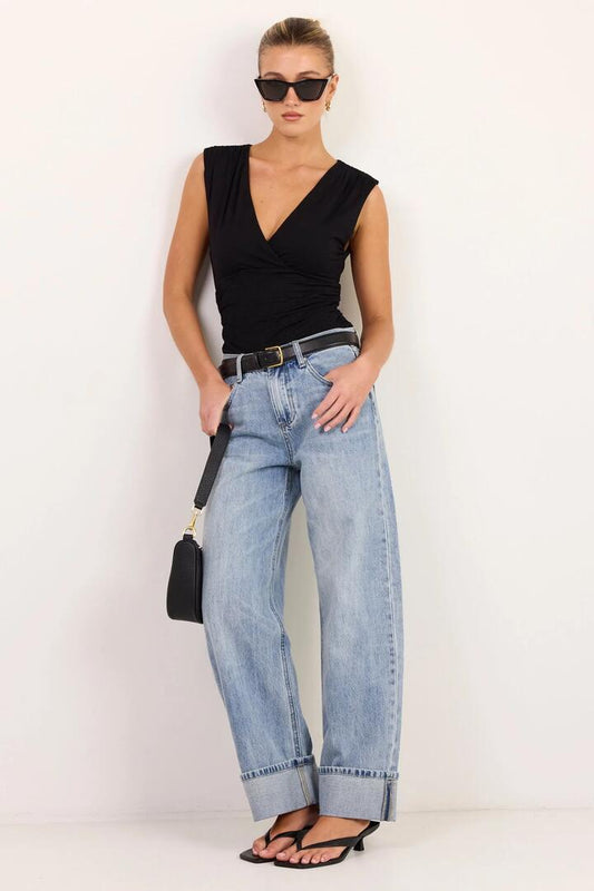 Image of Jeans. Product name - Emerge Washed Out Blue Turn Up Long Jeans in Washed Out Blue colour by brand - Among the Brave