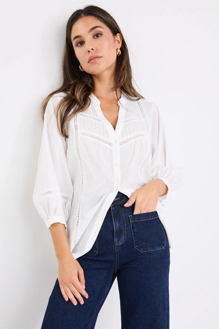 Image of Shirts. Product name - Ornamental White Lace Insert Pintuck SS Shirt in White colour by brand - Ivy + Jack