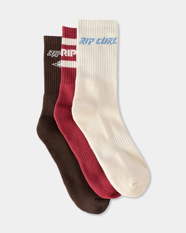 Image of Socks. Product name - Rip Curl Womens Icons Of Surf 3 Pack Crew Socks Maroon in Maroon colour by brand - Rip Curl