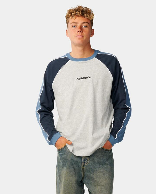 Image of a model wearing Tops. Product name - Rip Curl Mens Archive Sandman Panel Long Sleeve T-Shirt Grey Marle in Grey Marle colour by brand - Rip Curl