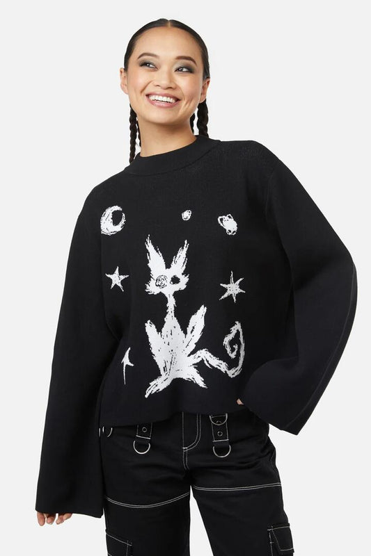 Image of a model wearing Tops. Product name - Shadows Knit in Black colour by brand - Black Friday