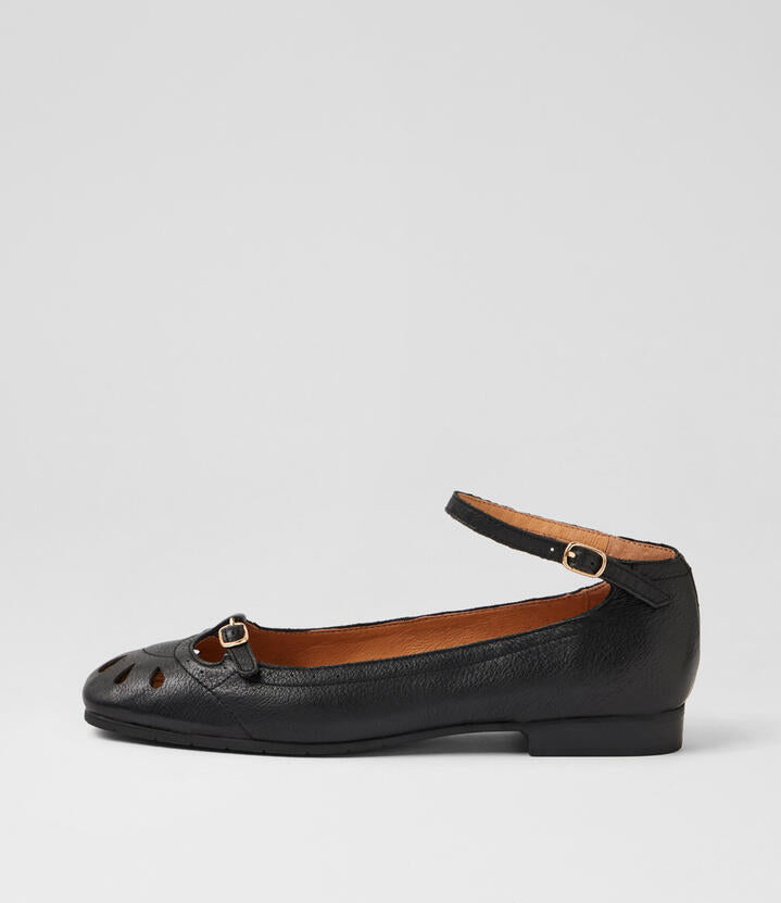 Image of Flats. Product name - Pru Black Leather Flat Shoes in Black colour by brand - MIDAS