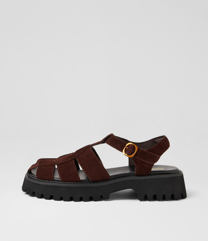 Image of Sandals. Product name - Skout Dark Choc Suede Sandals in Dk Choc colour by brand - MOLLINI