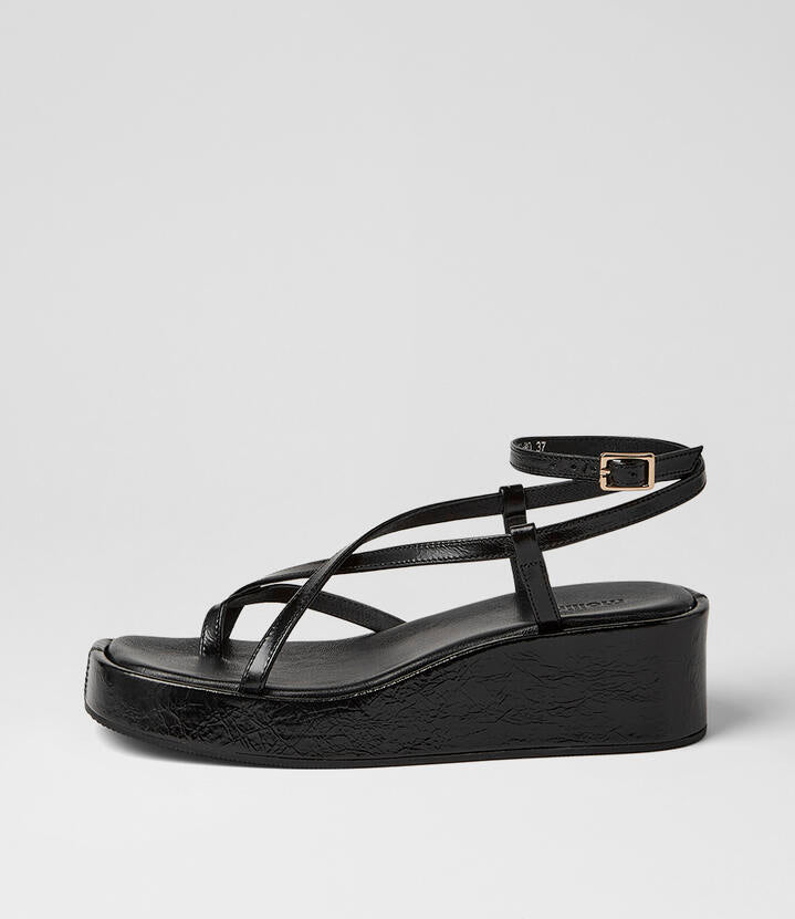 Image of Sandals. Product name - Cinsere Black Crinkle Leather Sandals in Black colour by brand - MOLLINI