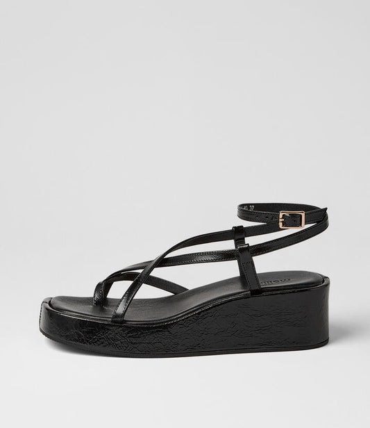 Image of Sandals. Product name - Cinsere Black Crinkle Leather Sandals in Black colour by brand - MOLLINI