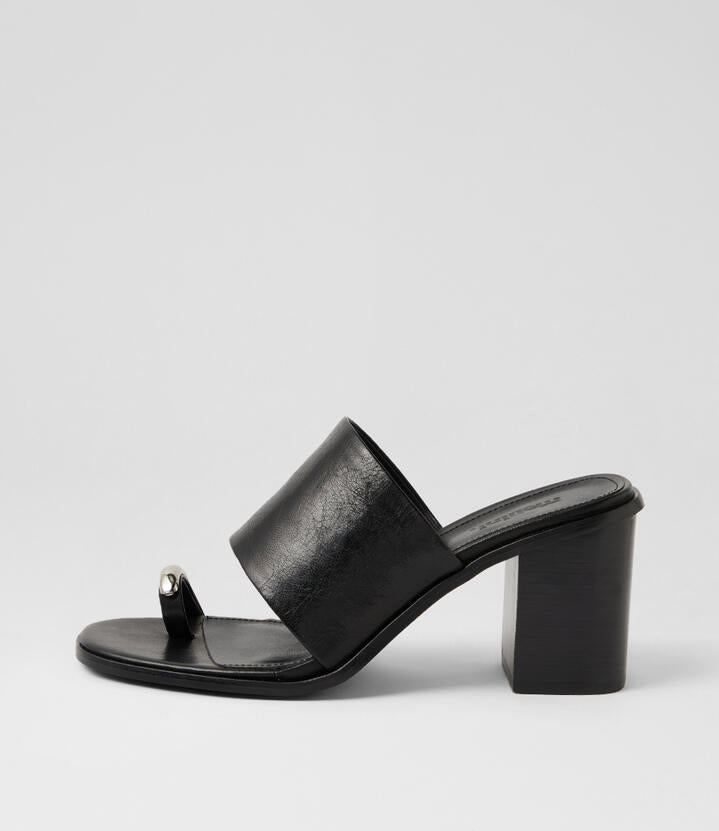 Image of Sandals. Product name - Nari Black Vintage Leather Sandals in Black Vintage-Black Heel colour by brand - MOLLINI