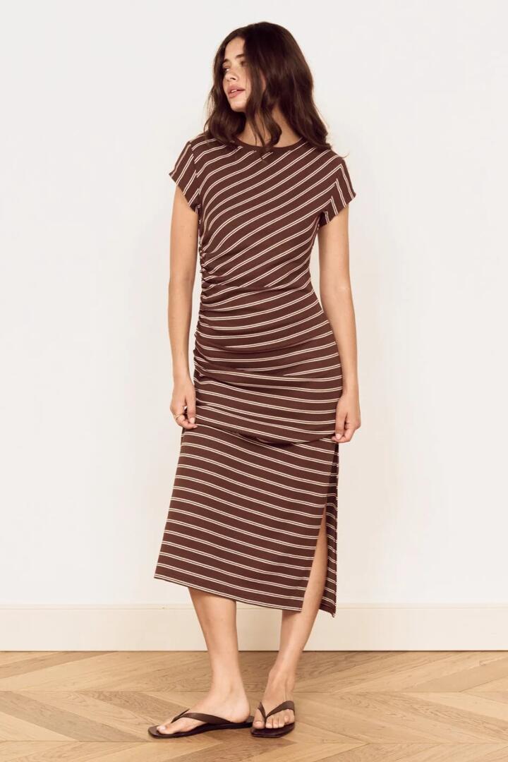 Image of Dresses. Product name - Vesper Chocolate Stripe SS Midi Dress in Brown colour by brand - Mink Pink