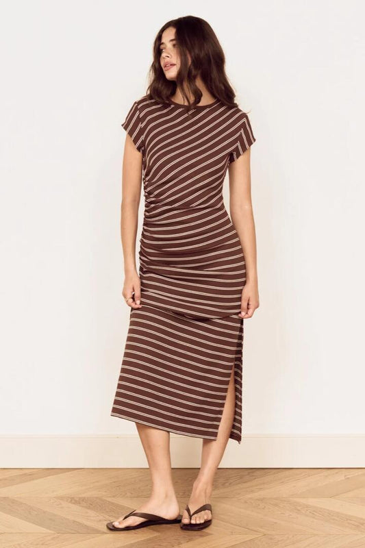Image of Dresses. Product name - Vesper Chocolate Stripe SS Midi Dress in Brown colour by brand - Mink Pink