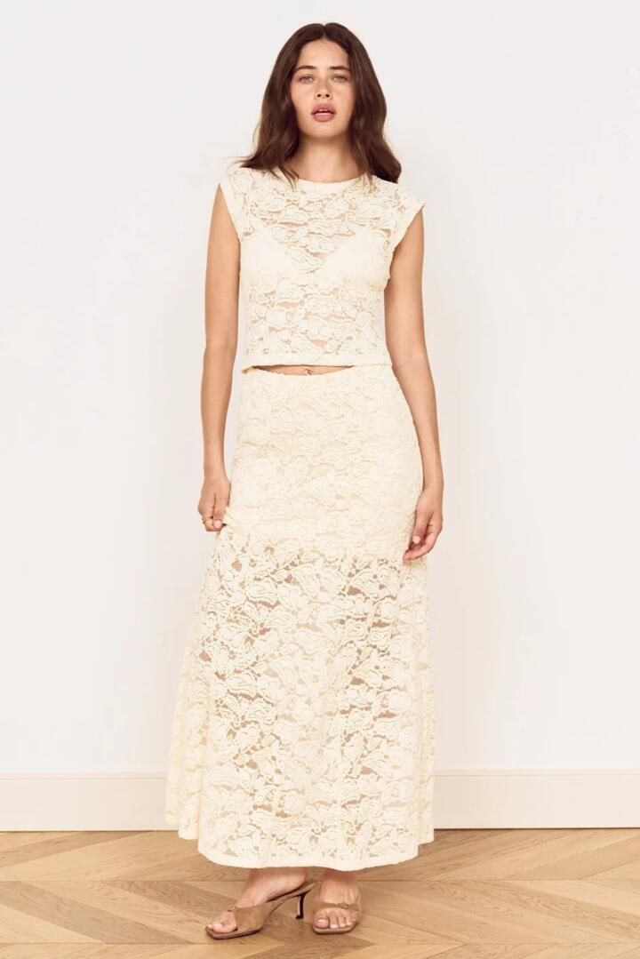 Image of a model wearing Skirts. Product name - Ophelia Cream Lace Maxi Skirt in Cream colour by brand - Mink Pink