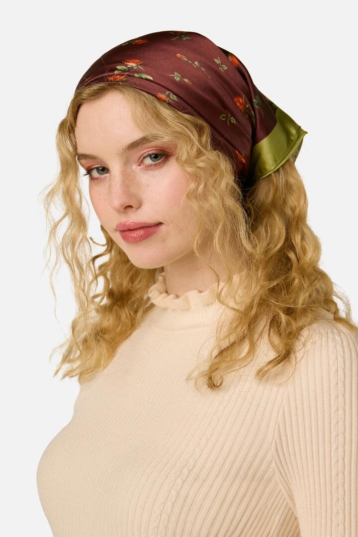 Image of Scarves & Shawls. Product name - Chocolate Evie Rosebud Satin Scarf in Chocolate colour by brand - Princess Highway