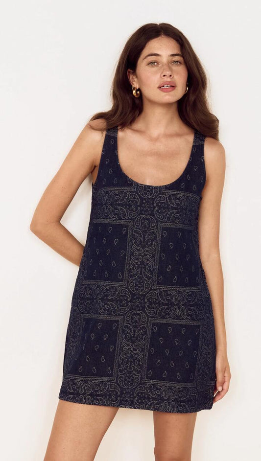 Image of Dresses. Product name - Paisley Jacquard Denim Mini Dress in Indigo colour by brand - MINKPINK