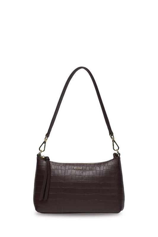 Image of Bags. Product name - Haven Cacao Croc Small Shoulder Bag in Cacao colour by brand - Saben