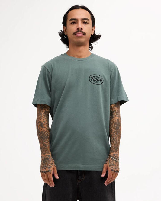 Image of T-Shirts. Product name - Rvca Mens Scripted T-Shirt Balsam Green in Balsam Green colour by brand - Rvca