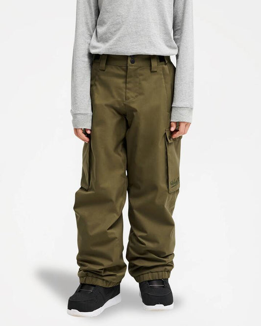 Image of a model wearing Pants. Product name - Quiksilver Boys 8-16 Snow Down Cargo Snow Pants Grape Leaf in Grape Leaf colour by brand - Quiksilver