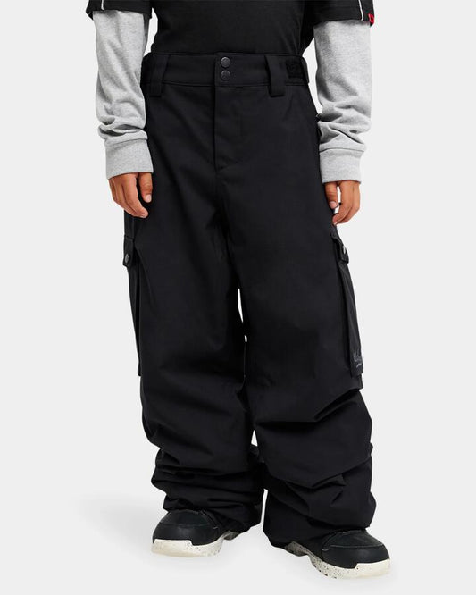 Image of a model wearing Pants. Product name - Quiksilver Boys 8-16 Snow Down Cargo Snow Pants Black in Black colour by brand - Quiksilver