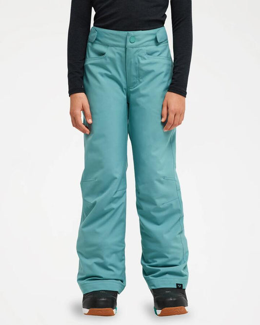Image of a model wearing Pants. Product name - Roxy Girls 8-16 Backyard Girl Snow Pants Arctic in Arctic colour by brand - Roxy