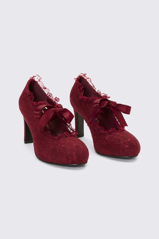 Image of Heels. Product name - Plum Lace On Lace Heel in Plum colour by brand - Dangerfield
