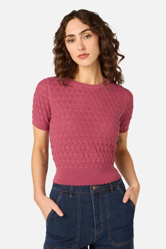 Image of a model wearing Tops. Product name - Lila Short Sleeve Knit Top in Golden Olive colour by brand - Princess Highway