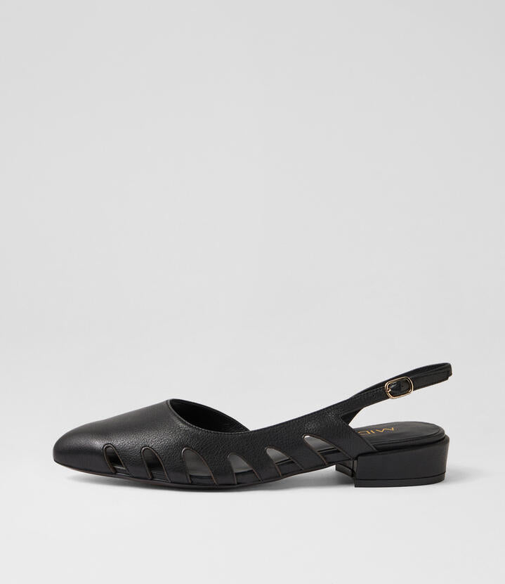 Image of Heels. Product name - Emberly Black Leather Low Heels in Black colour by brand - MIDAS