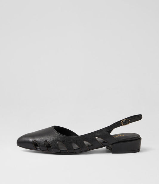 Image of Heels. Product name - Emberly Black Leather Low Heels in Black colour by brand - MIDAS