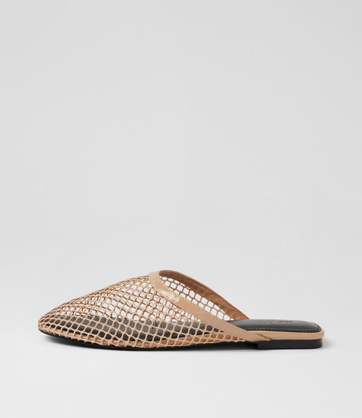 Image of Slippers. Product name - Lallina Nude Patent Mesh Slides in Nude colour by brand - MOLLINI