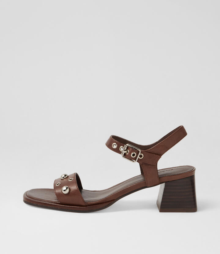 Image of Sandals. Product name - Mariell Choc Vintage Dark Brown Leather Sandals in Choc Vintage-Dk Brown Heel colour by brand - MOLLINI