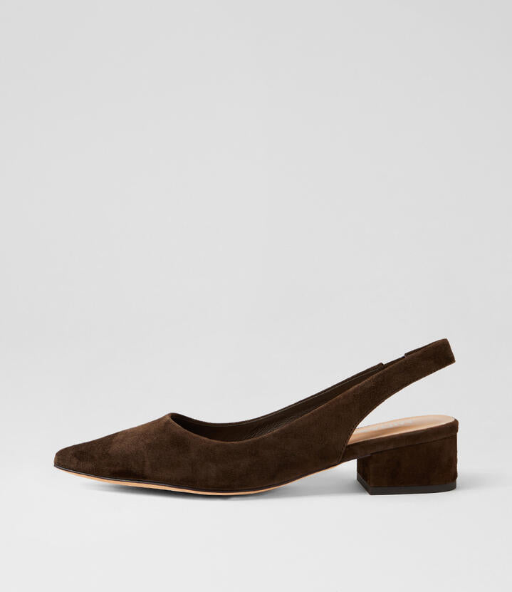Image of Flats. Product name - Thelma Choc Suede Slingbacks in Choc colour by brand - MIDAS