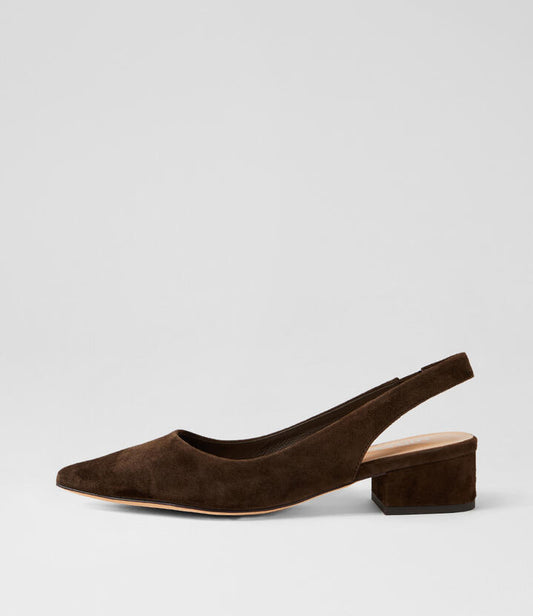 Image of Flats. Product name - Thelma Choc Suede Slingbacks in Choc colour by brand - MIDAS