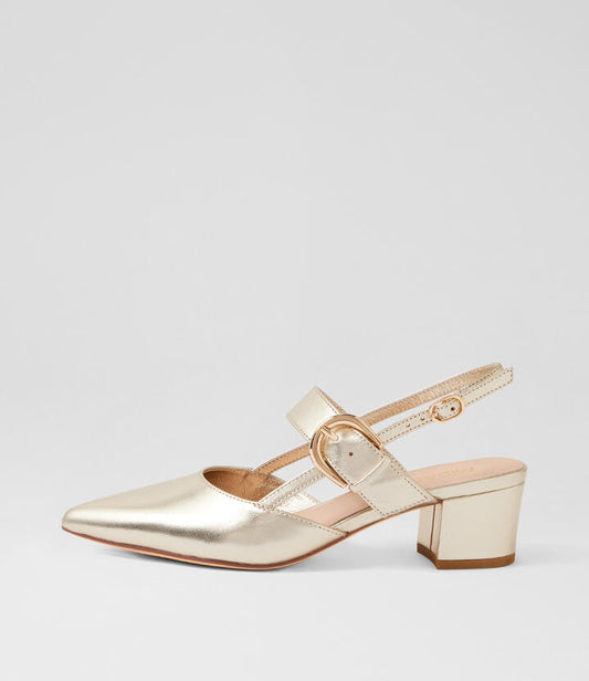 Image of Heels. Product name - Atten Pale Gold Leather Slingbacks in Pale Gold colour by brand - MIDAS