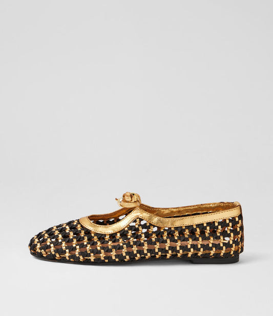 Image of Flats. Product name - Itch Black Gold Leather Flat Shoes in Black-Gold colour by brand - MIDAS
