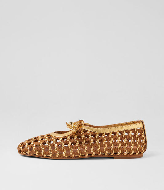 Image of Flats. Product name - Itch Tan Gold Leather Flat Shoes in Tan-Gold colour by brand - MIDAS